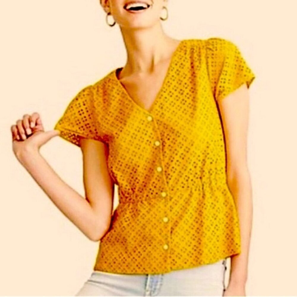 NWOT J Crew Eyelet Button Front Short Sleeves Peplum Yellow Top Size 3X